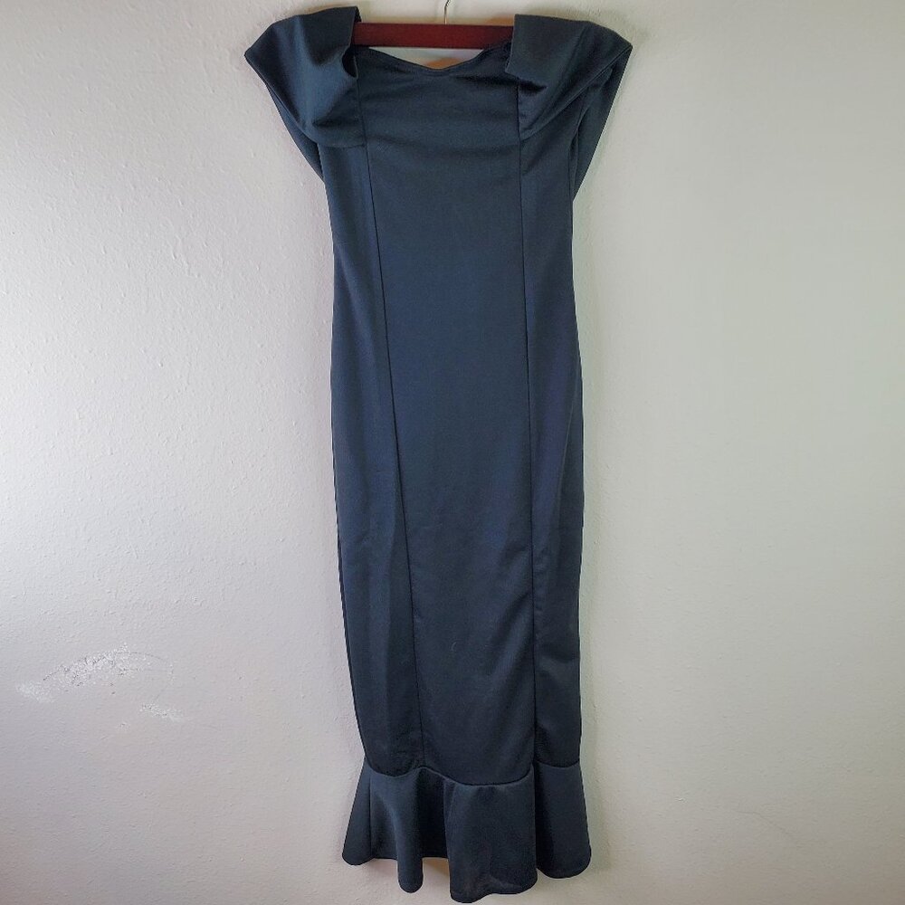PrettyLittleThing Womens Black Black Bardot Frill Hem Midi Dress 2 - Picture 2 of 8